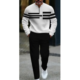 Men's Stylish Black and White Striped Print Casual Suit