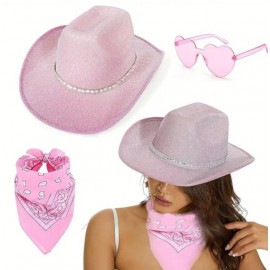 Women's 3pcs Rhinestone Denim Cowboy Hat, Heart Shaped Glasses, and Bandana