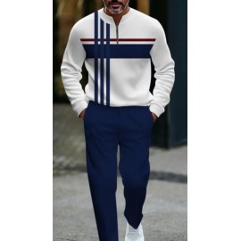 Men's White, Blue, and Red Contrasting Stripes Open Collar Sport Suit