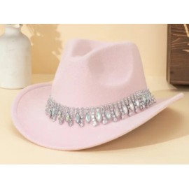Women's Shiny Style Water Drop Rhinestone Glittering Top Brim Cowgirl Hat
