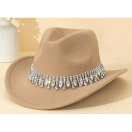 Women's Shiny Style Water Drop Rhinestone Glittering Top Brim Cowgirl Hat