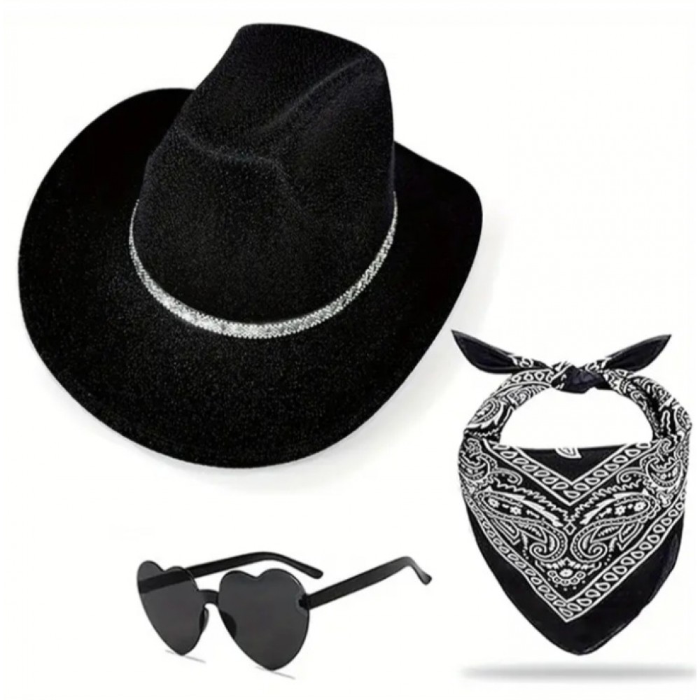 Women's 3pcs Rhinestone Denim Cowboy Hat, Heart Shaped Glasses, and Bandana