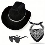 Women's 3pcs Rhinestone Denim Cowboy Hat, Heart Shaped Glasses, and Bandana