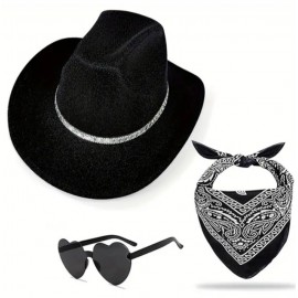 Women's 3pcs Rhinestone Denim Cowboy Hat, Heart Shaped Glasses, and Bandana