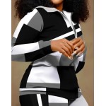Women's Casual Geometric Plaid Two-Piece Track Suit Set