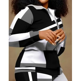 Women's Casual Geometric Plaid Two-Piece Track Suit Set