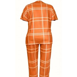 Casual Short Sleeve Plaid Print Lounge Set
