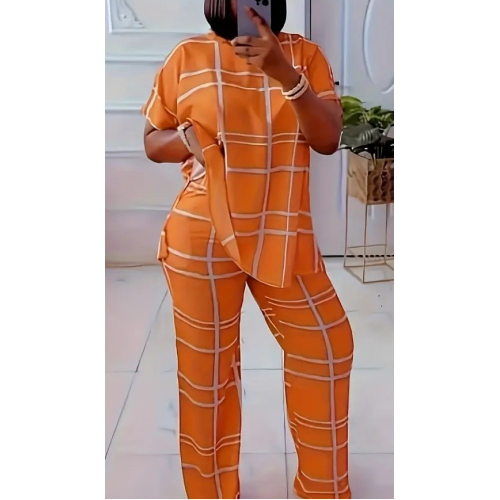Casual Short Sleeve Plaid Print Lounge Set