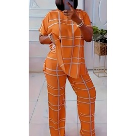 Casual Short Sleeve Plaid Print Lounge Set