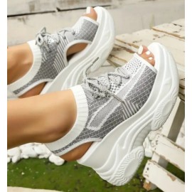 Women's Black Knit Lace-Up Chunky Platform Sandals