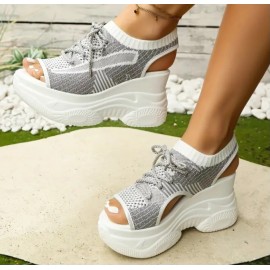 Women's Black Knit Lace-Up Chunky Platform Sandals