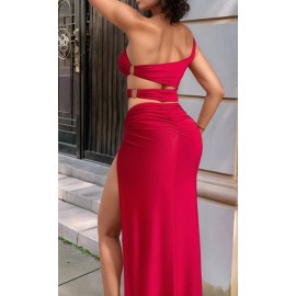 Elegant Red One-Shoulder Off-Cut-Out Waist Evening Dress