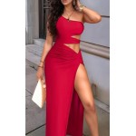 Elegant Red One-Shoulder Off-Cut-Out Waist Evening Dress
