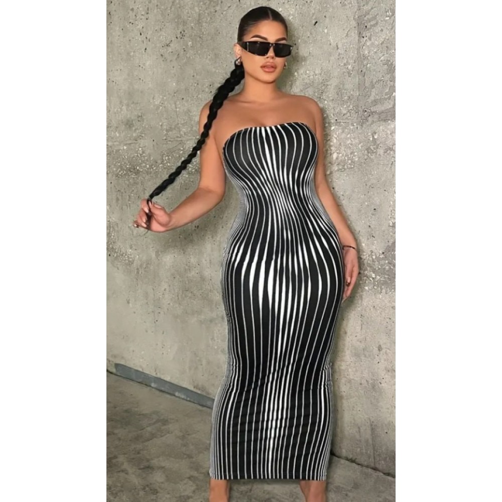 Strapless Striped Print Evening Dress