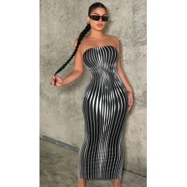 Strapless Striped Print Evening Dress