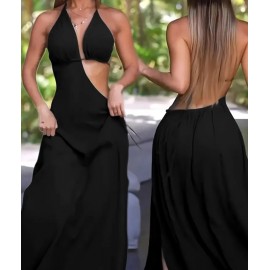 Elegant Halter Neck Form Fitting Solid Color Evening Dress
