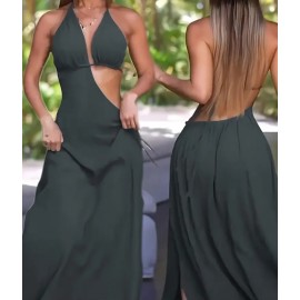 Elegant Halter Neck Form Fitting Solid Color Evening Dress