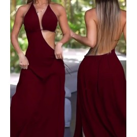 Elegant Halter Neck Form Fitting Solid Color Evening Dress