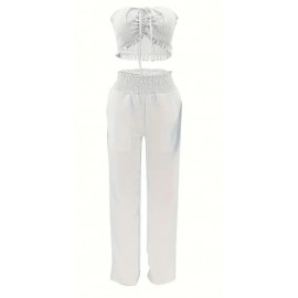 White Backless Pleated Sleeveless Crop Top 2Pc Summer Set