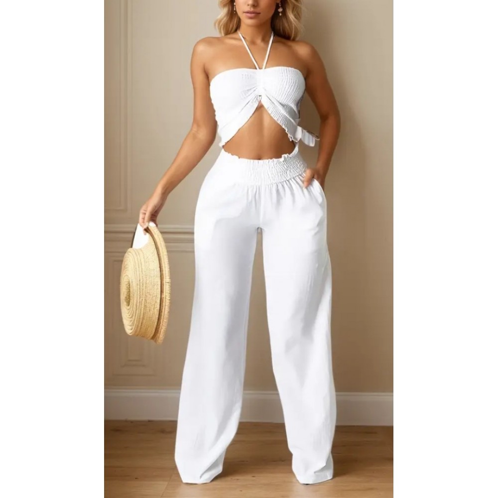 White Backless Pleated Sleeveless Crop Top 2Pc Summer Set