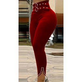 Stretchy Red High-Waisted Casual Pants