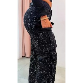High-Waisted Straight Leg Rhinestone Decorative Pants