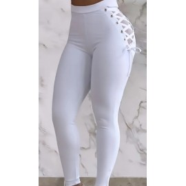 Stretchy White High-Waisted Casual Legging Pants