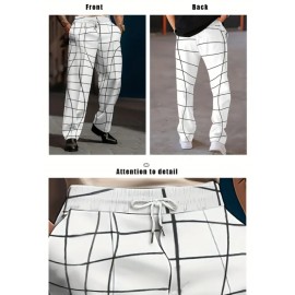 Men's White Casual Trousers with geometric line print