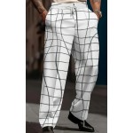 Men's White Casual Trousers with geometric line print