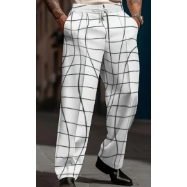 Men's White Casual Trousers with geometric line print