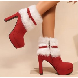 Decorated Fashionable Plus Lined High Heel Christmas Boots