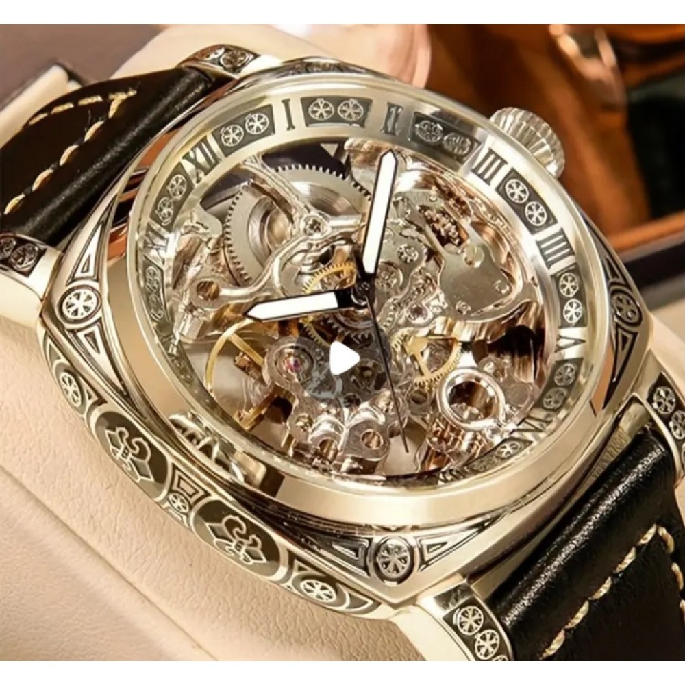 Men's Golden-Tone Automatic Carved Hollow Skeleton Dial Mechanical Watch