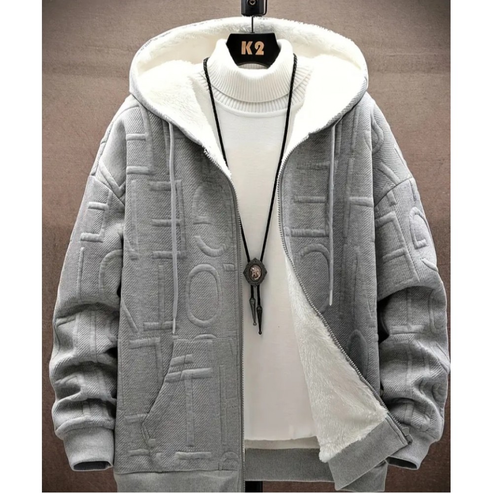 Men's Stylish Letter Print Plush-Lined Hooded Sweater Jacket
