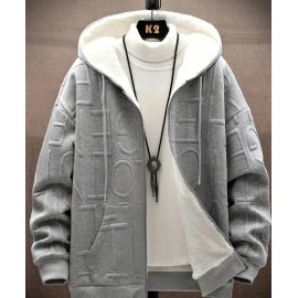 Men's Stylish Letter Print Plush-Lined Hooded Sweater Jacket