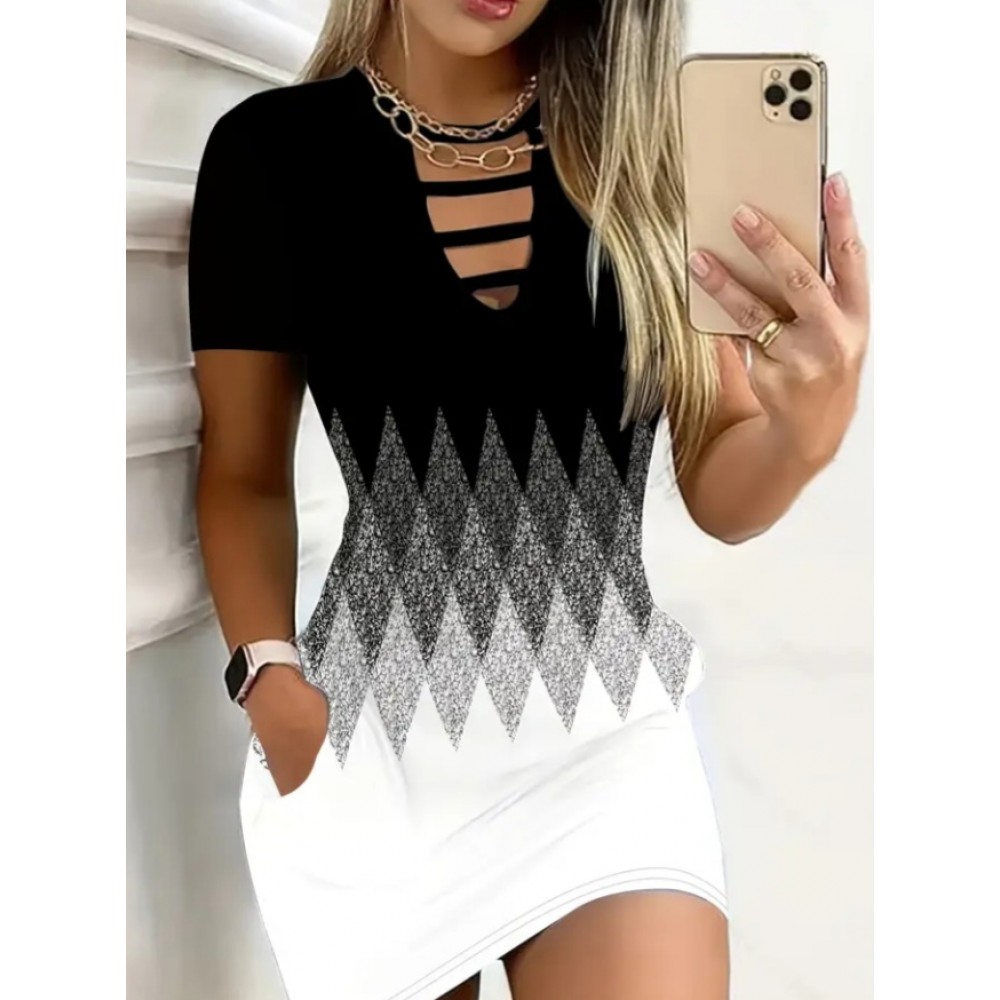 Stylish Black to white Geometric Print Casual Dress