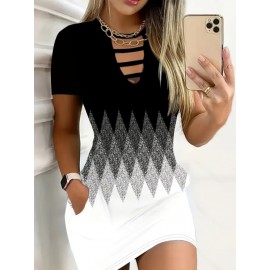Stylish Black to white Geometric Print Casual Dress