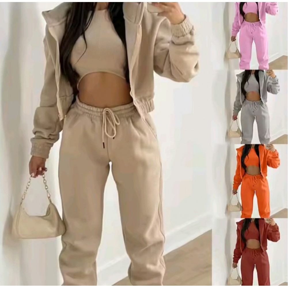 Women's High Fashion Long Sleeve Hooded Three Piece Sweat Suit