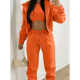 Women's High Fashion Long Sleeve Hooded Three Piece Sweat Suit