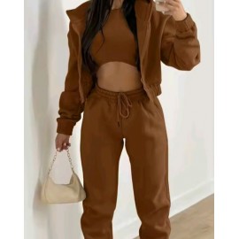 Women's High Fashion Long Sleeve Hooded Three Piece Sweat Suit