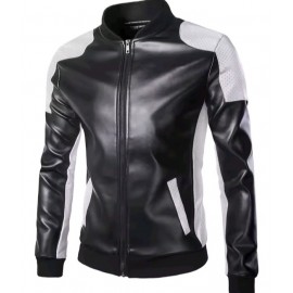 Men's Windproof Brown and White Leather Motorcycle Jacket