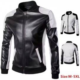 Men's Windproof Brown and White Leather Motorcycle Jacket