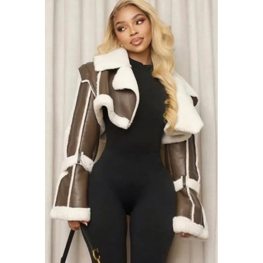 Women's Retro Leather Like Jacket with lapel collar