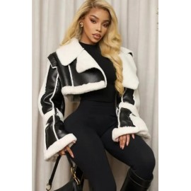 Women's Retro Leather Like Jacket with lapel collar