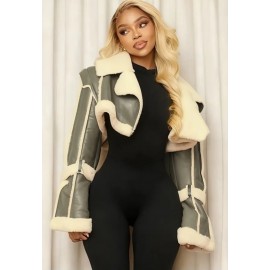 Women's Retro Leather Like Jacket with lapel collar