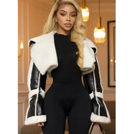 Women's Retro Leather Like Jacket with lapel collar