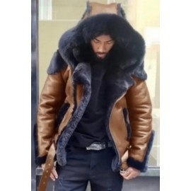 Men's Thick Plus-Size Hooded Fur Jacket with Fur like collar