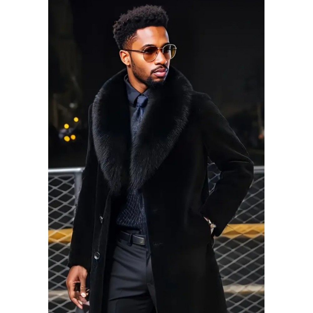 Men's Elegant Plush Faux Fur Formal Winter Coat with Lapel Collar