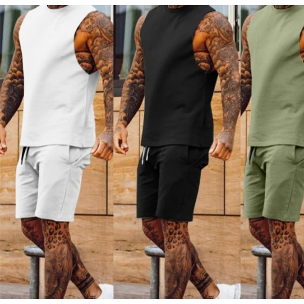 Men's Two-Piece Sleeveless Jogger Tracksuit Short Set Men's Two-Piece Sleeveless Jogger Tracksuit Short Set