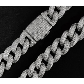 Sterling Silver 14mm Zircon Iced Out Cuban Link Chain Necklace