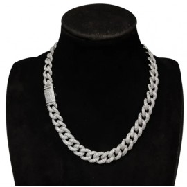 Sterling Silver 14mm Zircon Iced Out Cuban Link Chain Necklace